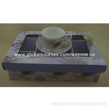6-set 90cc Coffee Cup Saucer in Printed Gift Box, Lavender design, Ideal for Gifts and Promotions